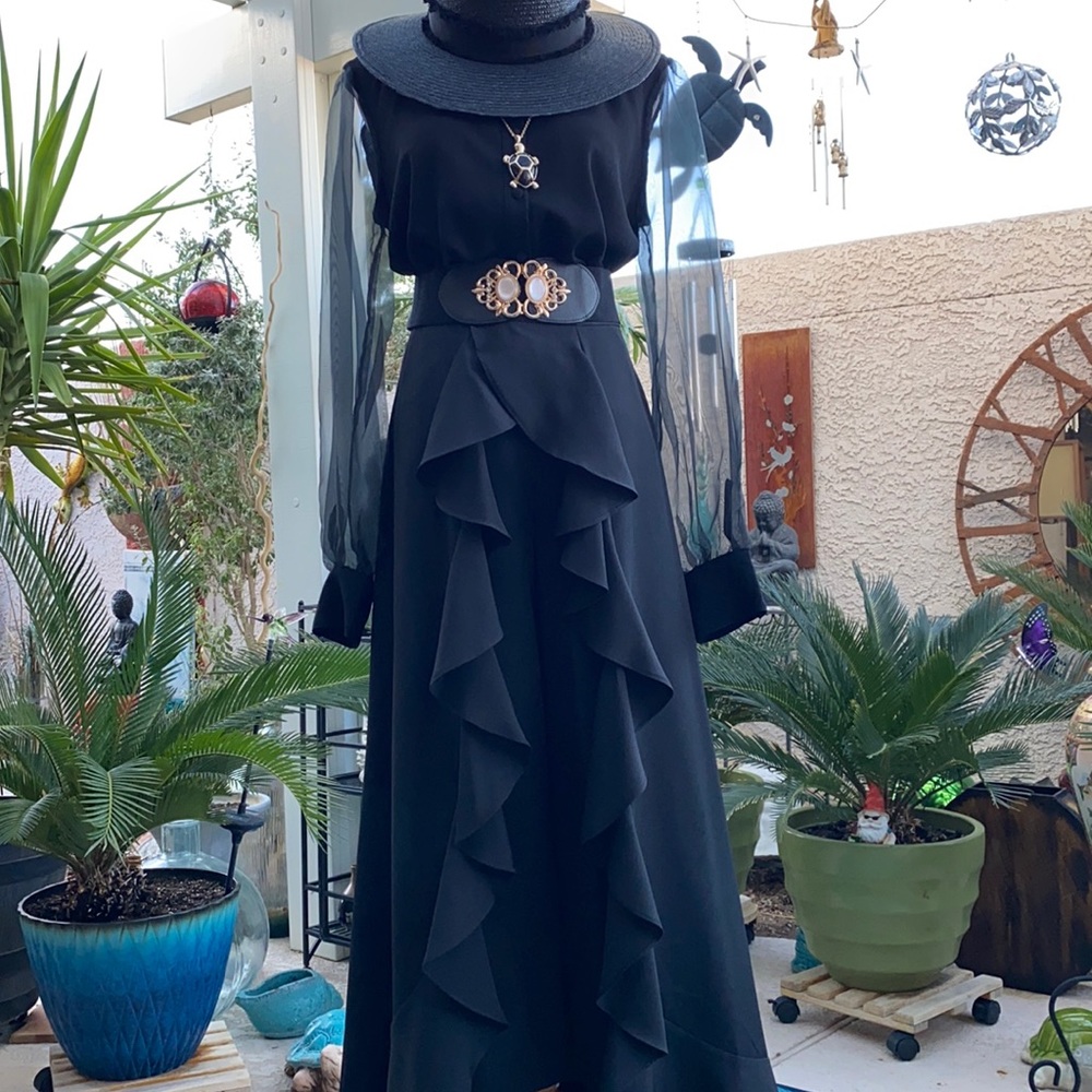 🖤▪️🖤2PIECE BLACK PANTS-SKIRT W/BLACK BUTTON DOWN BLOUSE W/SHEER SLEEVES🖤▪️🖤